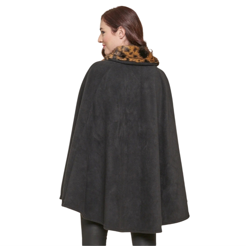 Parkhurst Black Brown Cheetah Faux Fur Trim Fleece Cape New with Tags On…